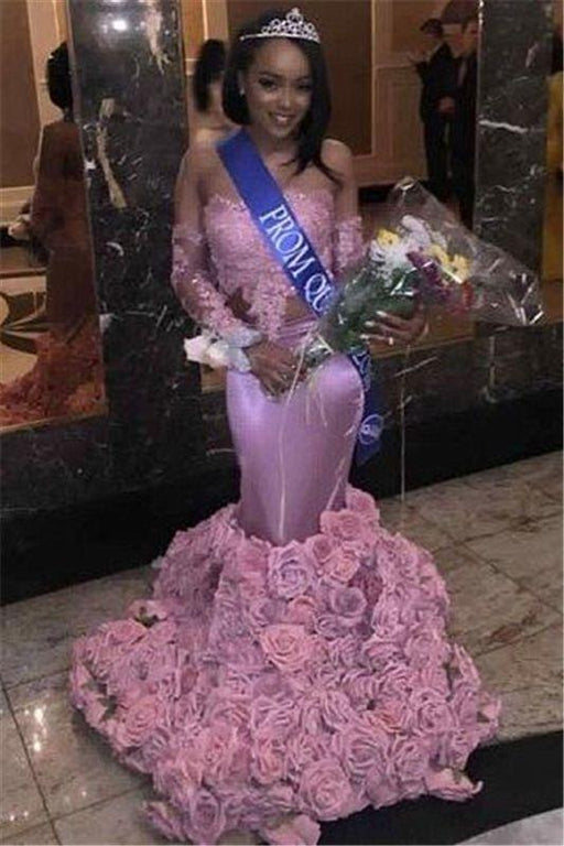 Bridelily Long Sleeve Pink Lace Prom Dresses 2019 | Roses Bottom Off The Shoulder Mermaid Evening Dress Sexy FB0315 - Prom Dresses