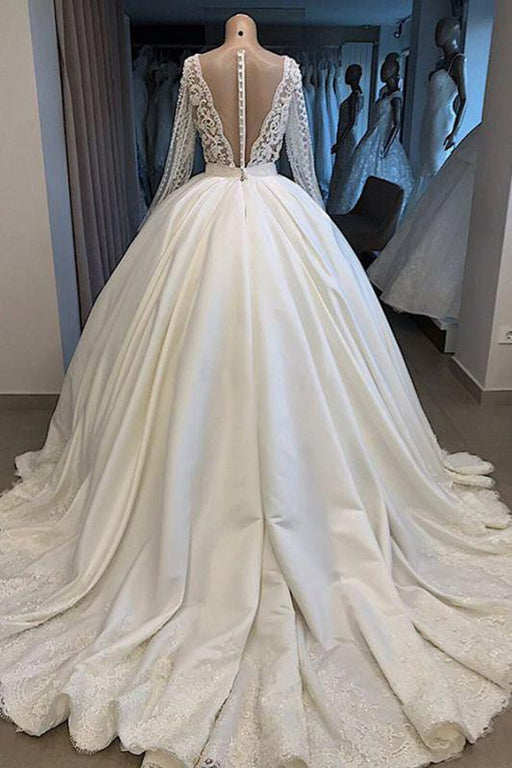 Bridelily Long Sleeve V-neck Ball Gown Satin Wedding Dress - wedding dresses