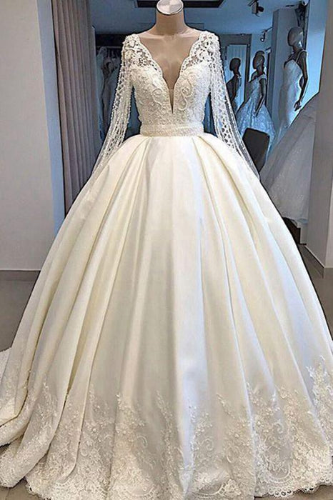 Bridelily Long Sleeve V-neck Ball Gown Satin Wedding Dress - wedding dresses