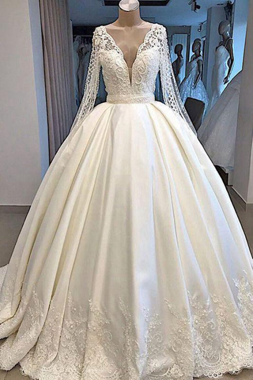 Bridelily Long Sleeve V-neck Ball Gown Satin Wedding Dress - wedding dresses