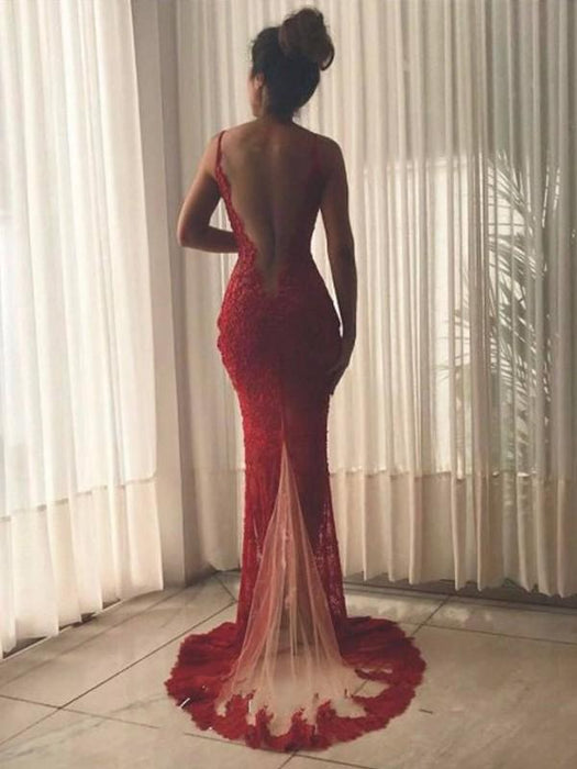 Mermaid V-Neck Lace Tulle Prom Dress with Sweep Train | Bridelily Mermaid V-Neck Lace Tulle Prom Dress with Sweep Train | Bridelily