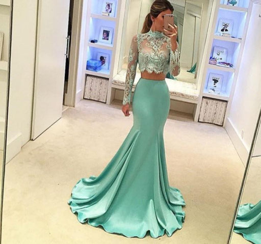 Bridelily Mint Long-Sleeves Two-Piece High-Neck Mermaid Long Prom Dresses - Prom Dresses