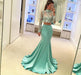 Bridelily Mint Long-Sleeves Two-Piece High-Neck Mermaid Long Prom Dresses - Prom Dresses