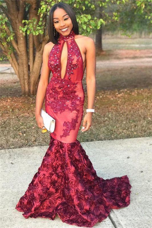 Bridelily New Arrival Mermaid High Neck Prom Dresses Appliques Evening Gowns with Beadings SK0115 - Prom Dresses