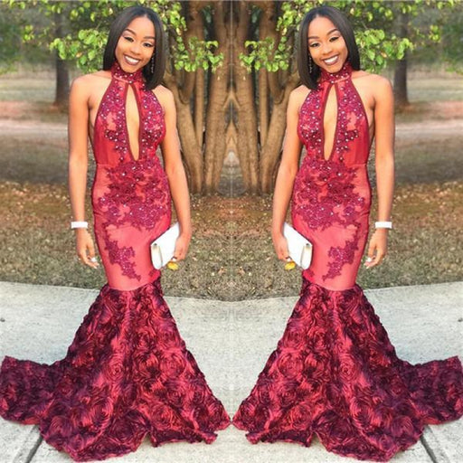 Bridelily New Arrival Mermaid High Neck Prom Dresses Appliques Evening Gowns with Beadings SK0115 - Prom Dresses