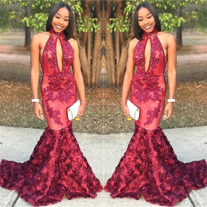 Bridelily New Arrival Mermaid High Neck Prom Dresses Appliques Evening Gowns with Beadings SK0115 - Prom Dresses