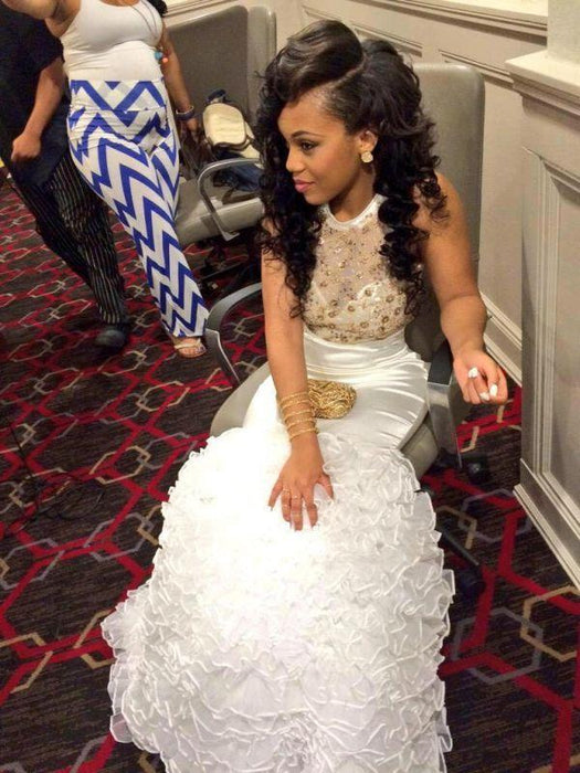 Bridelily New Arrival Sexy Mermaid Prom Dress Tiered Crystal White 2019 Evening Gown - Prom Dresses