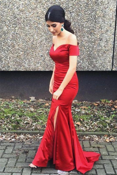 Bridelily Off the Shoulder 2019 Prom Dresses Mermaid Sexy Front Split Evening Gowns CE0053 - Prom Dresses