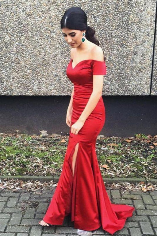 Bridelily Off the Shoulder 2019 Prom Dresses Mermaid Sexy Front Split Evening Gowns CE0053 - Prom Dresses