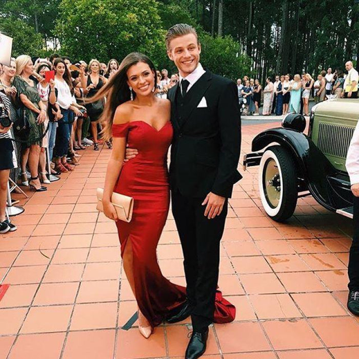 Bridelily Off the Shoulder 2019 Prom Dresses Mermaid Sexy Front Split Evening Gowns CE0053 - Prom Dresses