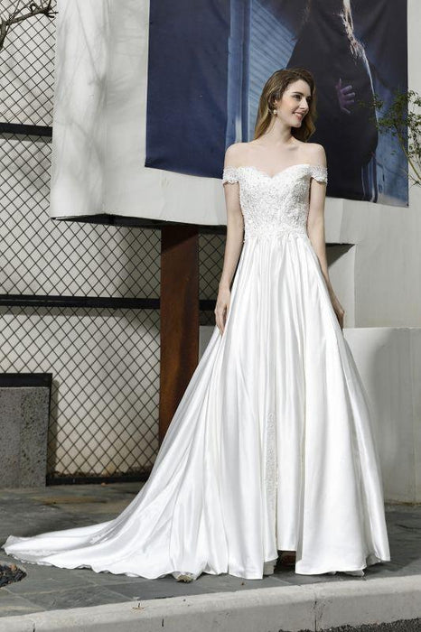 Bridelily Off the Shoulder Appliques Satin Wedding Dress - wedding dresses