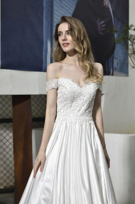 Bridelily Off the Shoulder Appliques Satin Wedding Dress - wedding dresses