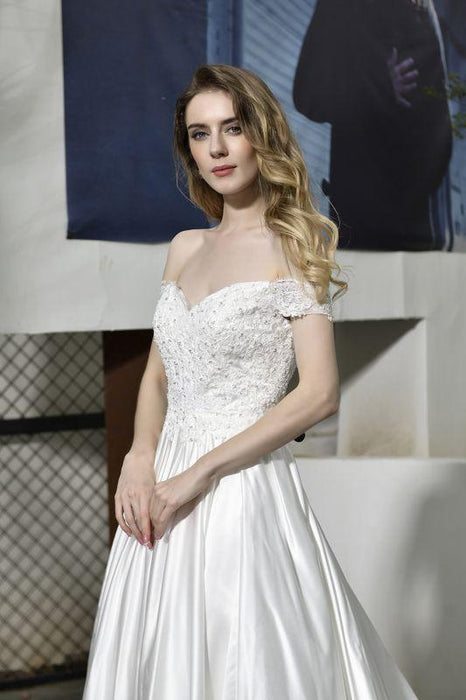 Bridelily Off the Shoulder Appliques Satin Wedding Dress - wedding dresses