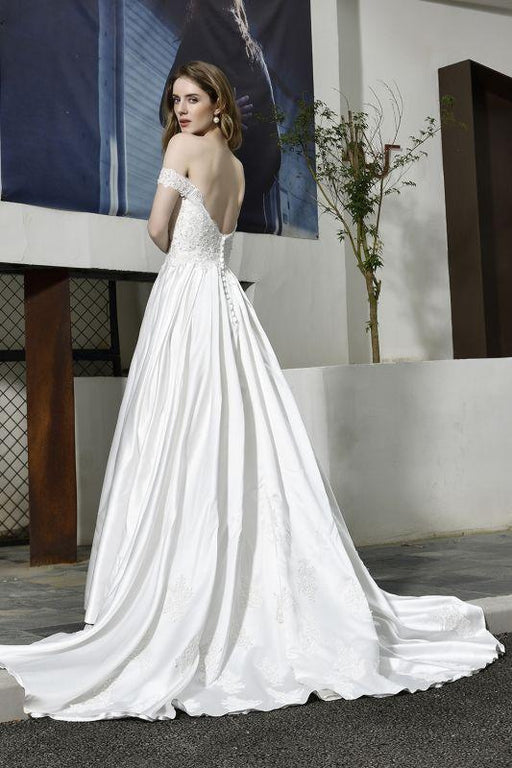 Bridelily Off the Shoulder Appliques Satin Wedding Dress - wedding dresses