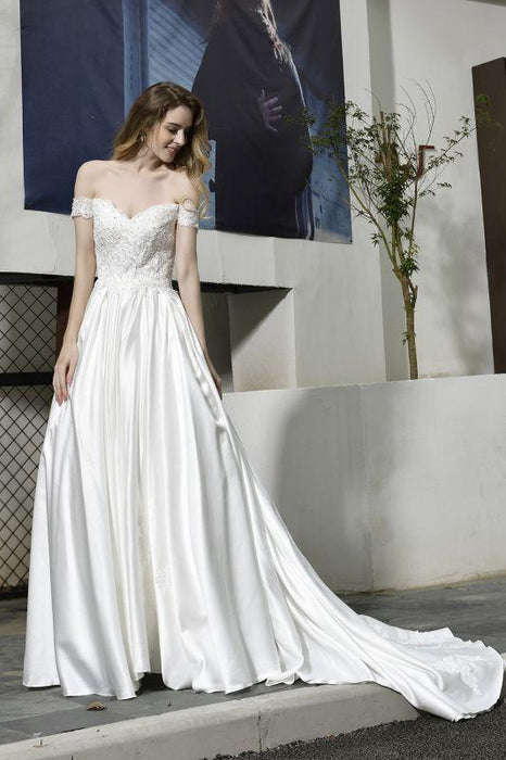 Bridelily Off the Shoulder Appliques Satin Wedding Dress - wedding dresses