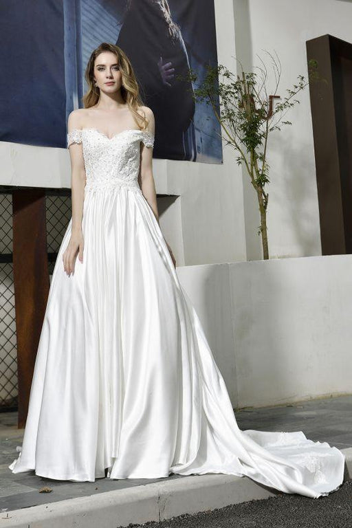 Bridelily Off the Shoulder Appliques Satin Wedding Dress - wedding dresses