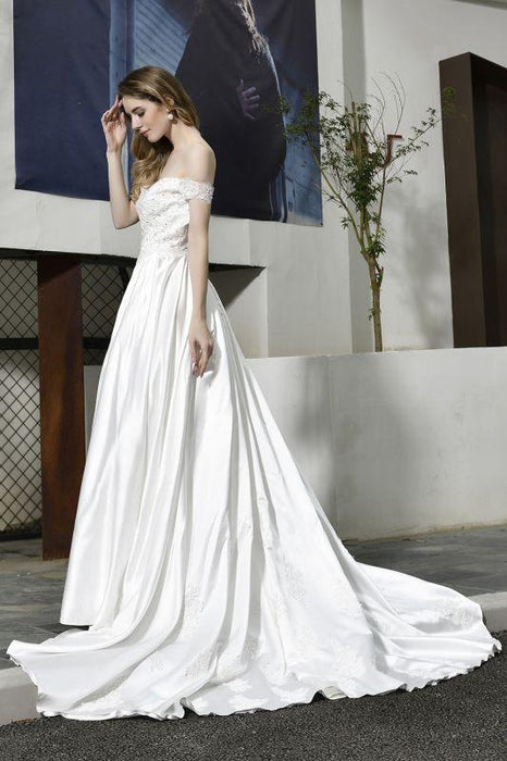 Bridelily Off the Shoulder Appliques Satin Wedding Dress - wedding dresses