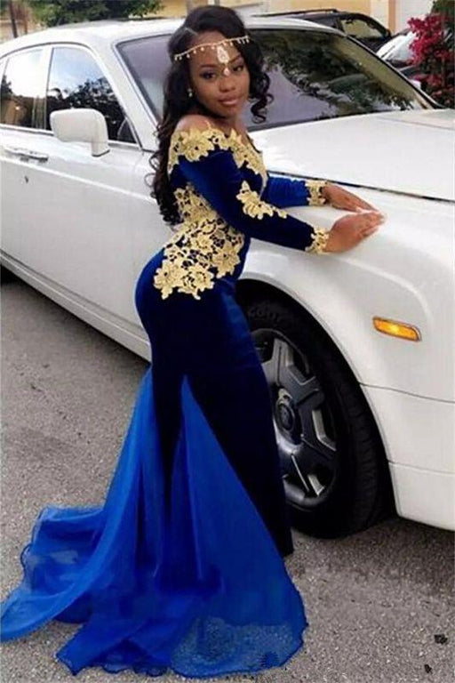 Bridelily Off The Shoulder Gold Lace Prom Dress | 2019 Royal Blue Velvet Sexy Evening Gown FB0321 - Prom Dresses