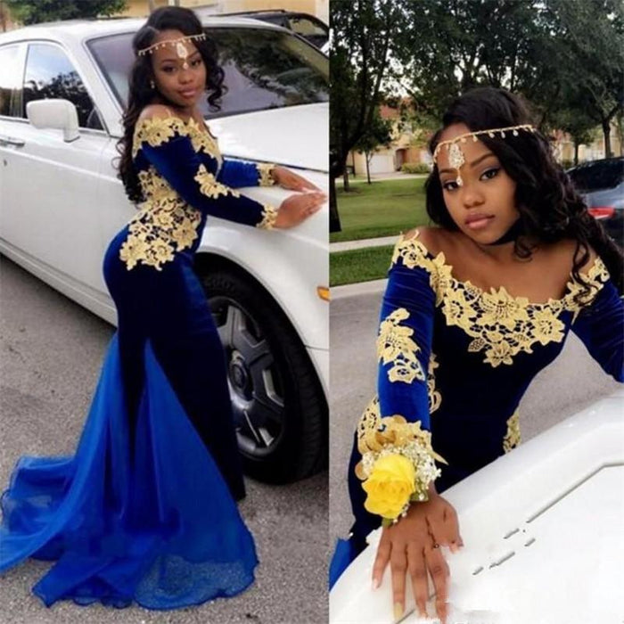 Bridelily Off The Shoulder Gold Lace Prom Dress | 2019 Royal Blue Velvet Sexy Evening Gown FB0321 - Prom Dresses
