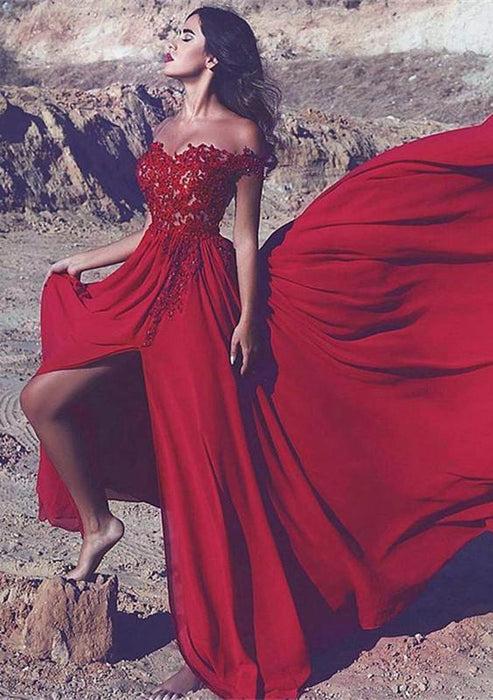 Bridelily Off-the-Shoulder Red Lace Appliques Long Split Prom Dress - Prom Dresses