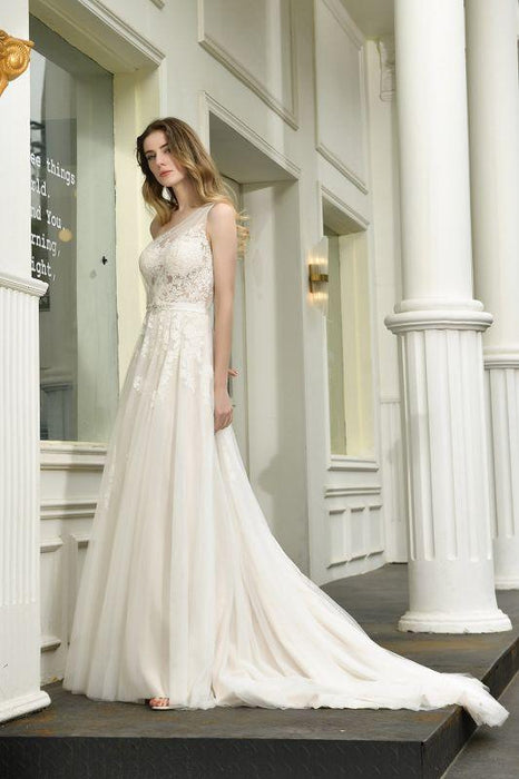 Bridelily One Shoulder Tulle Lace A-Line Wedding Dress - wedding dresses