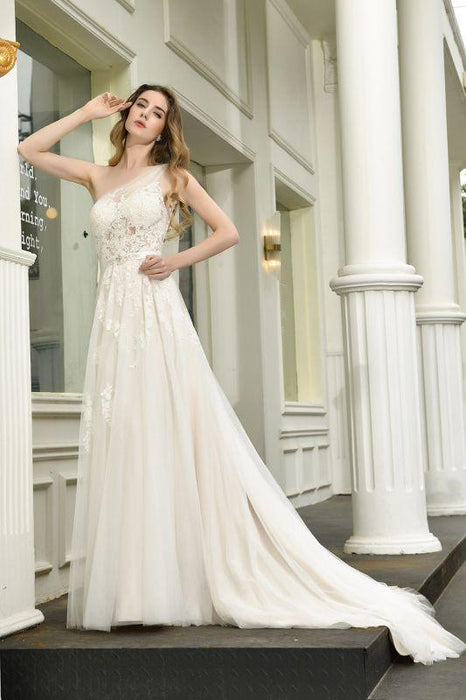 Bridelily One Shoulder Tulle Lace A-Line Wedding Dress - wedding dresses