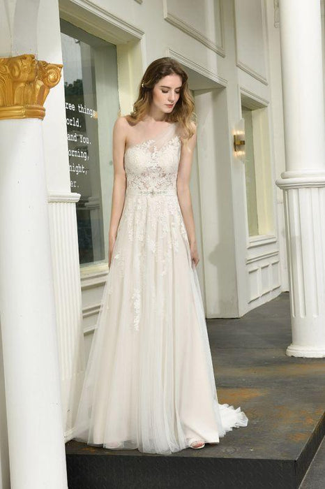 Bridelily One Shoulder Tulle Lace A-Line Wedding Dress - wedding dresses