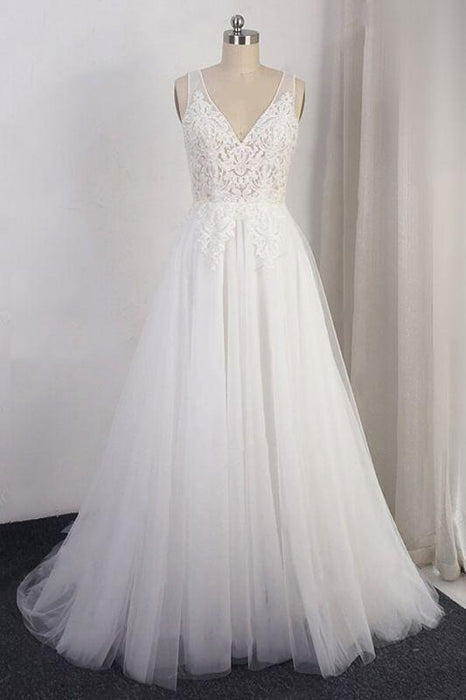 Bridelily Open Back Appliques Tulle A-line Wedding Dress - wedding dresses