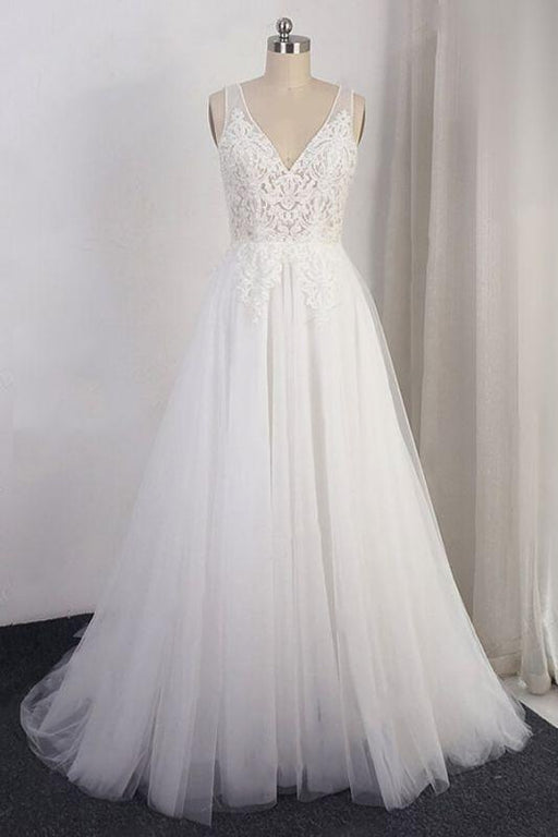 Bridelily Open Back Appliques Tulle A-line Wedding Dress - wedding dresses