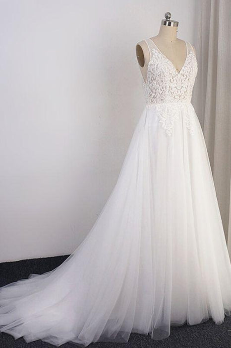 Bridelily Open Back Appliques Tulle A-line Wedding Dress - wedding dresses
