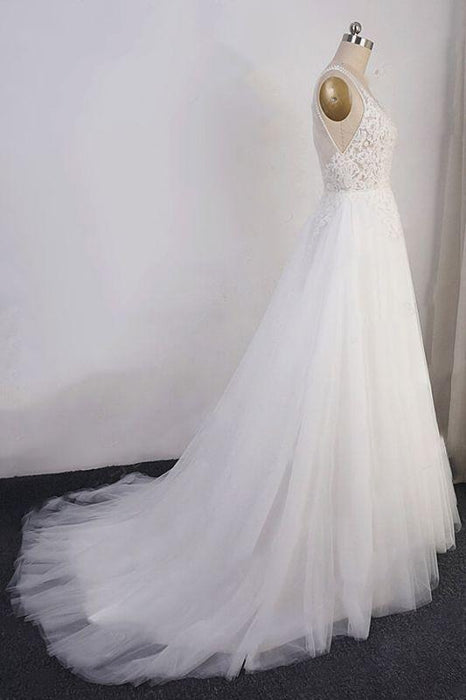 Bridelily Open Back Appliques Tulle A-line Wedding Dress - wedding dresses