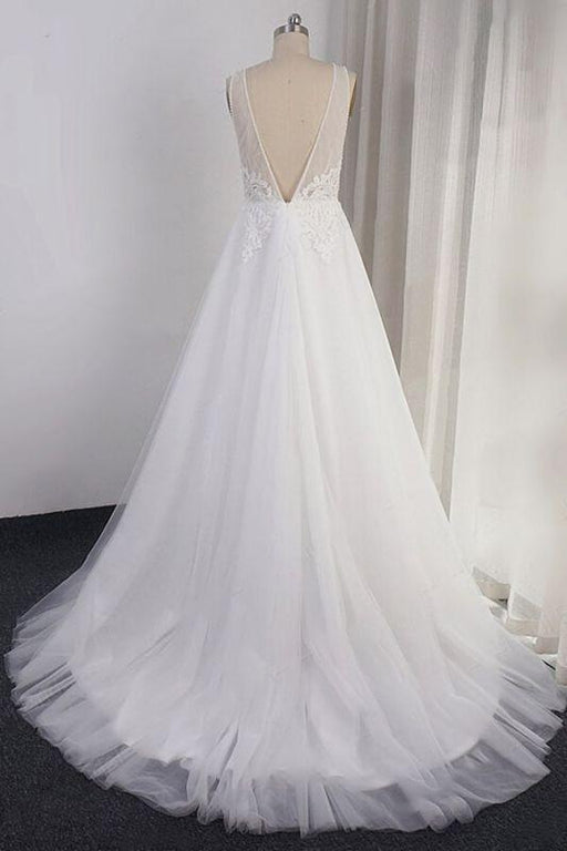 Bridelily Open Back Appliques Tulle A-line Wedding Dress - wedding dresses