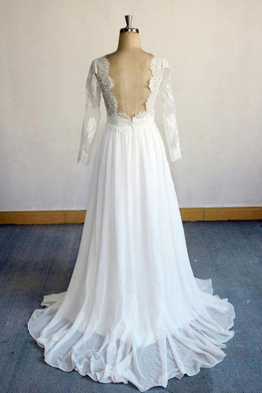 Bridelily Open Back Long Sleeve Lace Chiffon Wedding Dress - wedding dresses