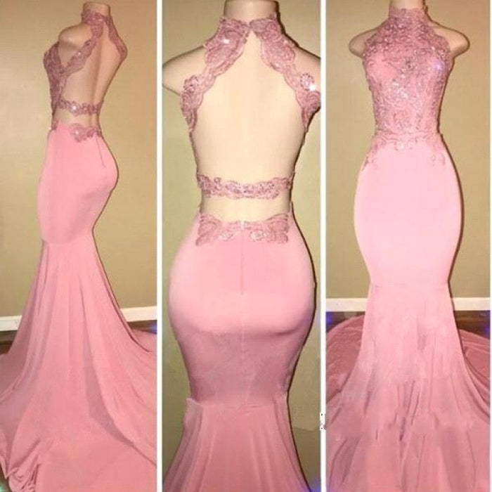 Bridelily Pink High-Neck Mermaid Open-Back Long Prom Dresses - Prom Dresses