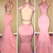 Bridelily Pink High-Neck Mermaid Open-Back Long Prom Dresses - Prom Dresses