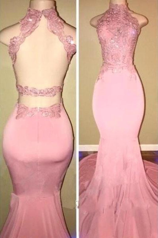 Bridelily Pink High-Neck Mermaid Open-Back Long Prom Dresses - Prom Dresses