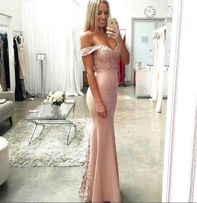 Bridelily Pink Lace-Top Off-the-Shoulder Long Mermaid Prom Dresses - Prom Dresses