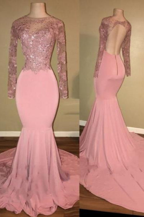 Bridelily Pink Long-Sleeves Backless Beaded Mermaid Shiny Prom Dresses - Prom Dresses
