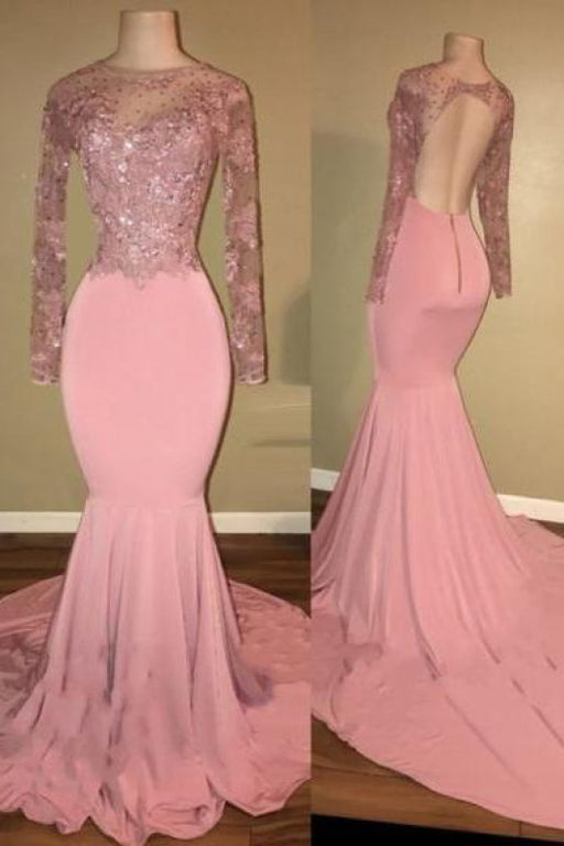 Bridelily Pink Long-Sleeves Backless Beaded Mermaid Shiny Prom Dresses - Prom Dresses