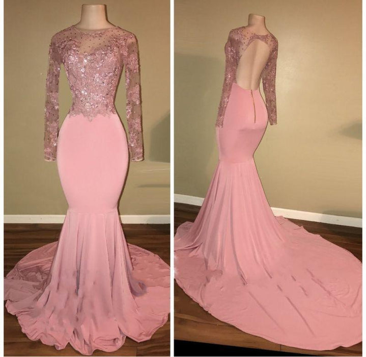 Bridelily Pink Long-Sleeves Backless Beaded Mermaid Shiny Prom Dresses - Prom Dresses