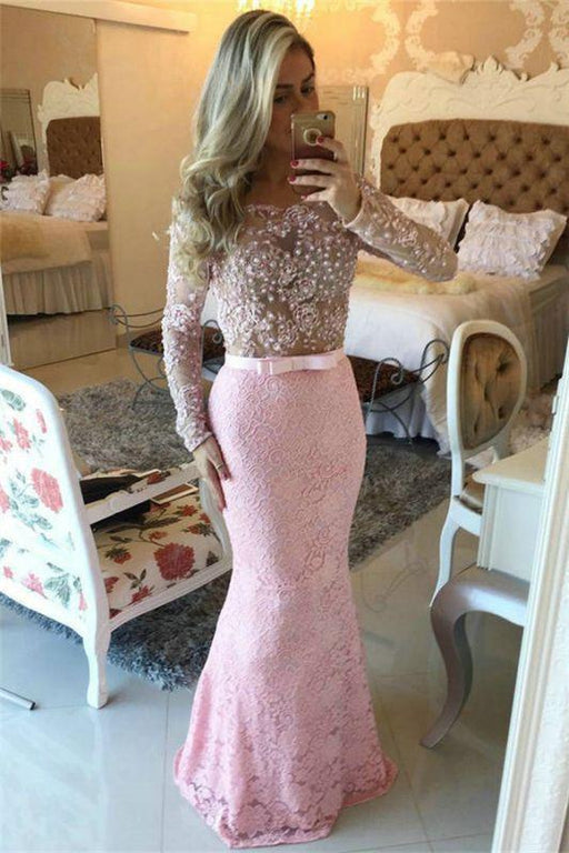 Bridelily Pink Off-the-Shoulder Long-Sleeves Pearls Lace Mermaid Long Prom Dresses - Prom Dresses