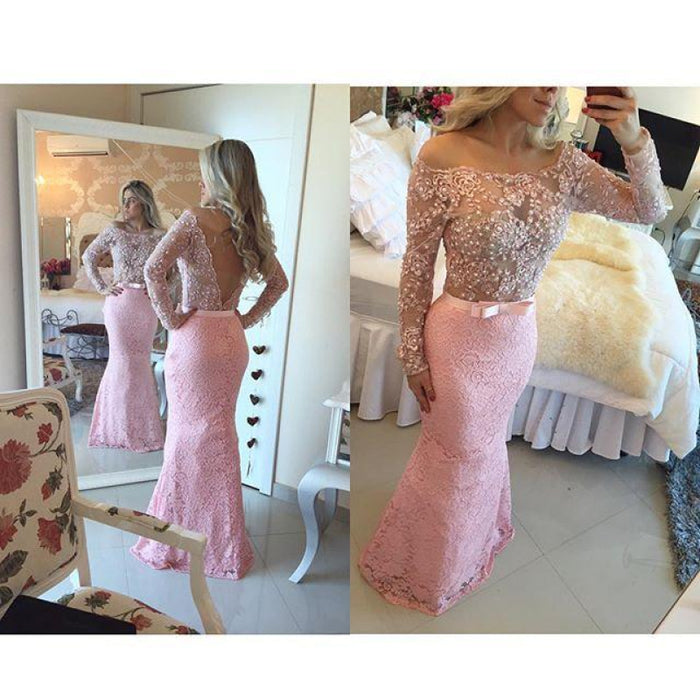 Bridelily Pink Off-the-Shoulder Long-Sleeves Pearls Lace Mermaid Long Prom Dresses - Prom Dresses