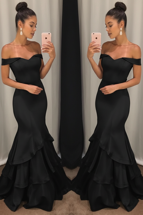 Bridelily Off-the-Shoulder Mermaid Prom Dress Black
