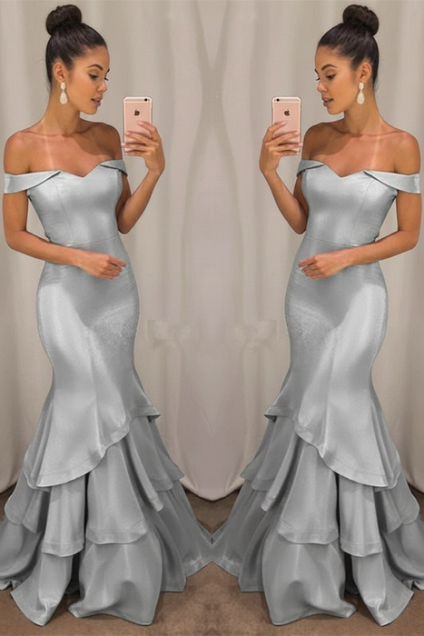 Bridelily Silver Off-the-Shoulder Mermaid Prom Dresses 