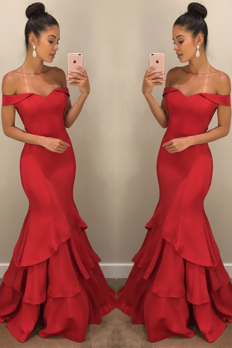 Bridelily Off-the-Shoulder Mermaid Prom Dress Red