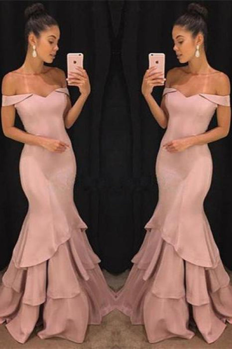 Bridelily Pink Off-the-Shoulder Mermaid Prom Dresses 2019 Tiered Simple Evening Gowns SK0118-GA0 - Prom Dresses