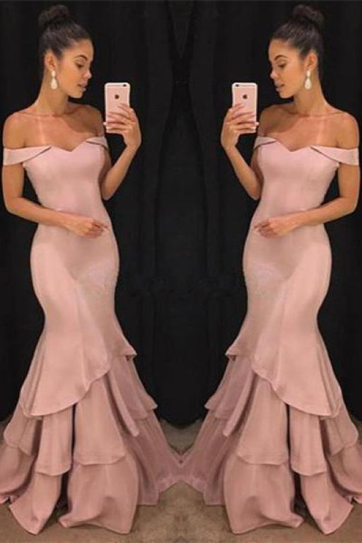 Bridelily Pink Off-the-Shoulder Mermaid Prom Dresses 2019 Tiered Simple Evening Gowns SK0118-GA0 - Prom Dresses