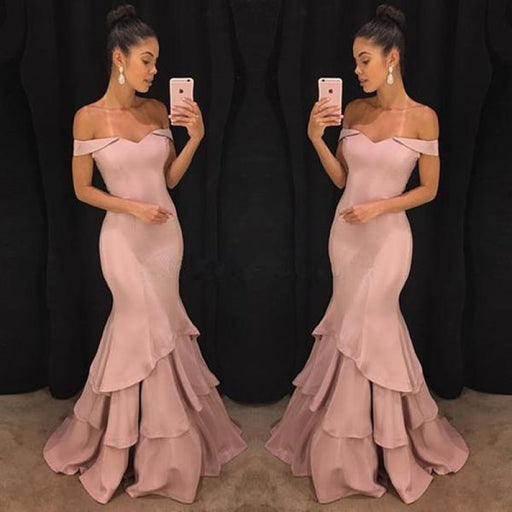 Bridelily Pink Off-the-Shoulder Mermaid Prom Dresses 2019 Tiered Simple Evening Gowns SK0118-GA0 - Prom Dresses