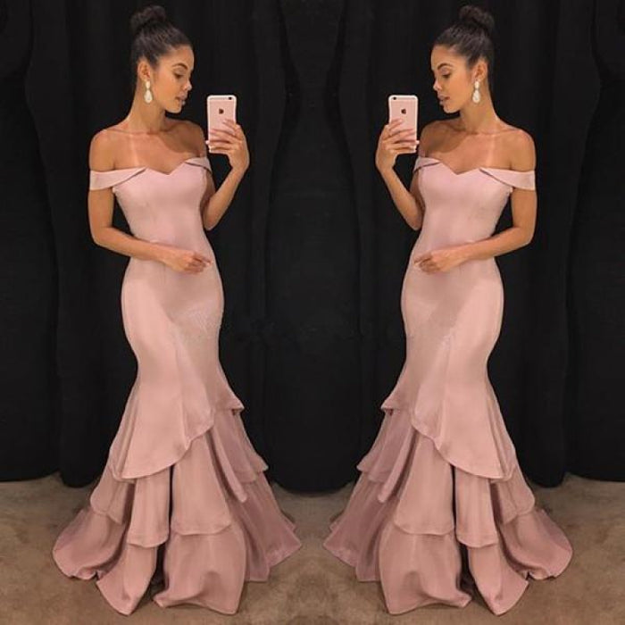 Bridelily Pink Off-the-Shoulder Mermaid Prom Dresses 2019 Tiered Simple Evening Gowns SK0118-GA0 - Prom Dresses
