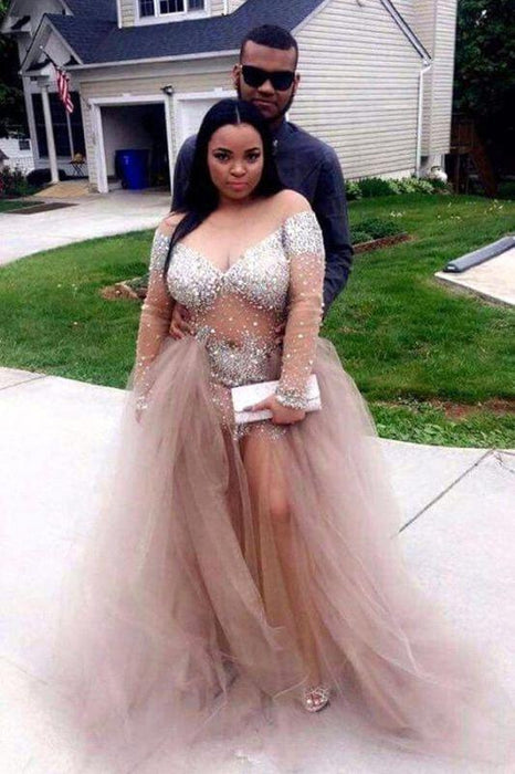 Bridelily Plus-Size Stunning Long-Sleeve Tulle Split Crystal Prom Dress - Prom Dresses